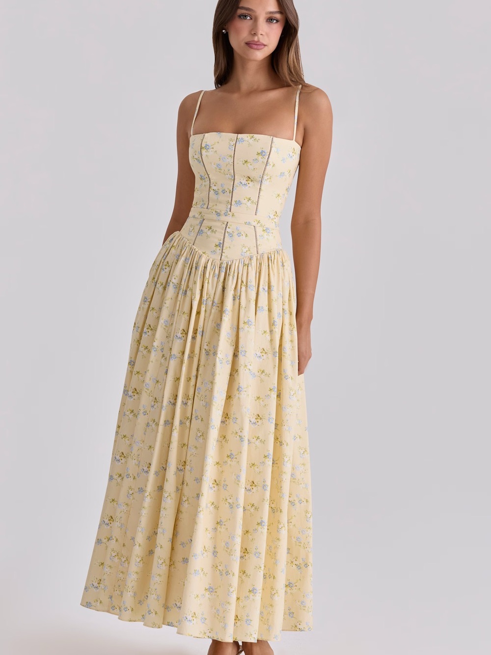 House of CB Pale Yellow Floral Corset Maxi Dress